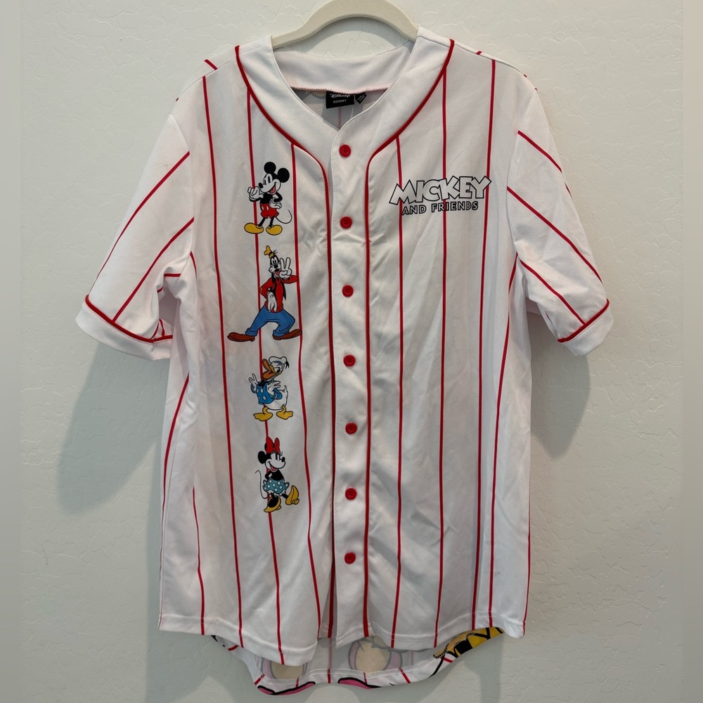 Disney Mickey and Friends Baseball Jersey Red and White Pinstriped NWOT